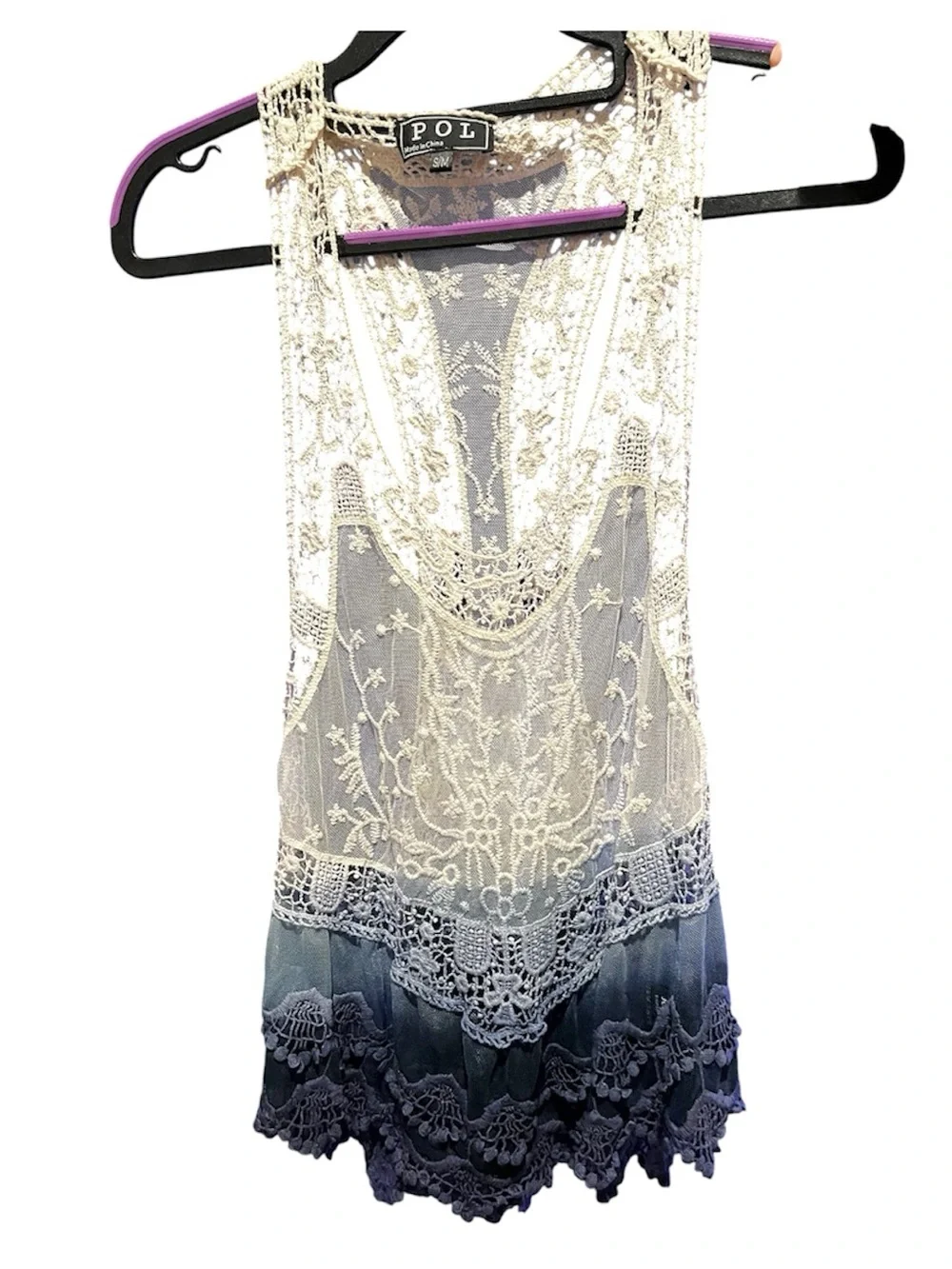 POL Sheer Lace Crochet Ombre Tank Tunic in Cream and Blue